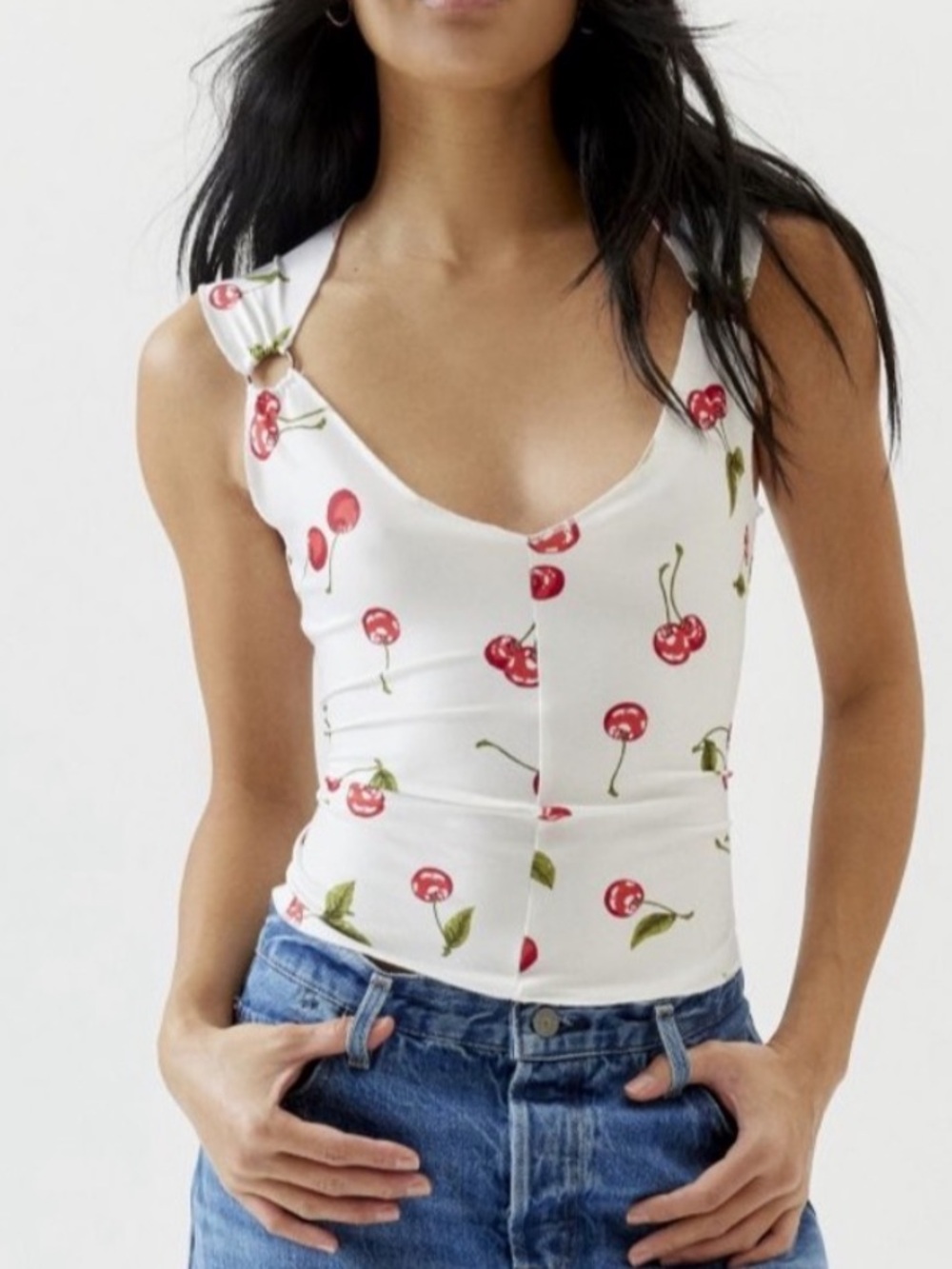 Urban Outfitters White Cherry print going out top with rings